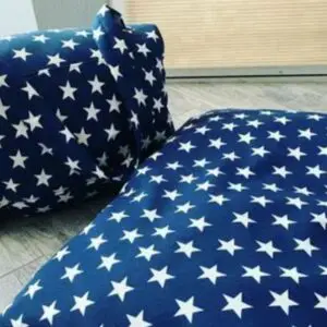 Two blue color dog bed bags with star patterns on them