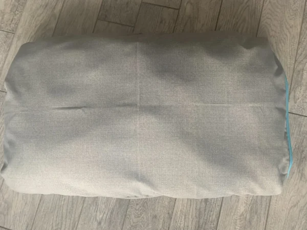A white color dog bed bag with a blue lining kept on the floor